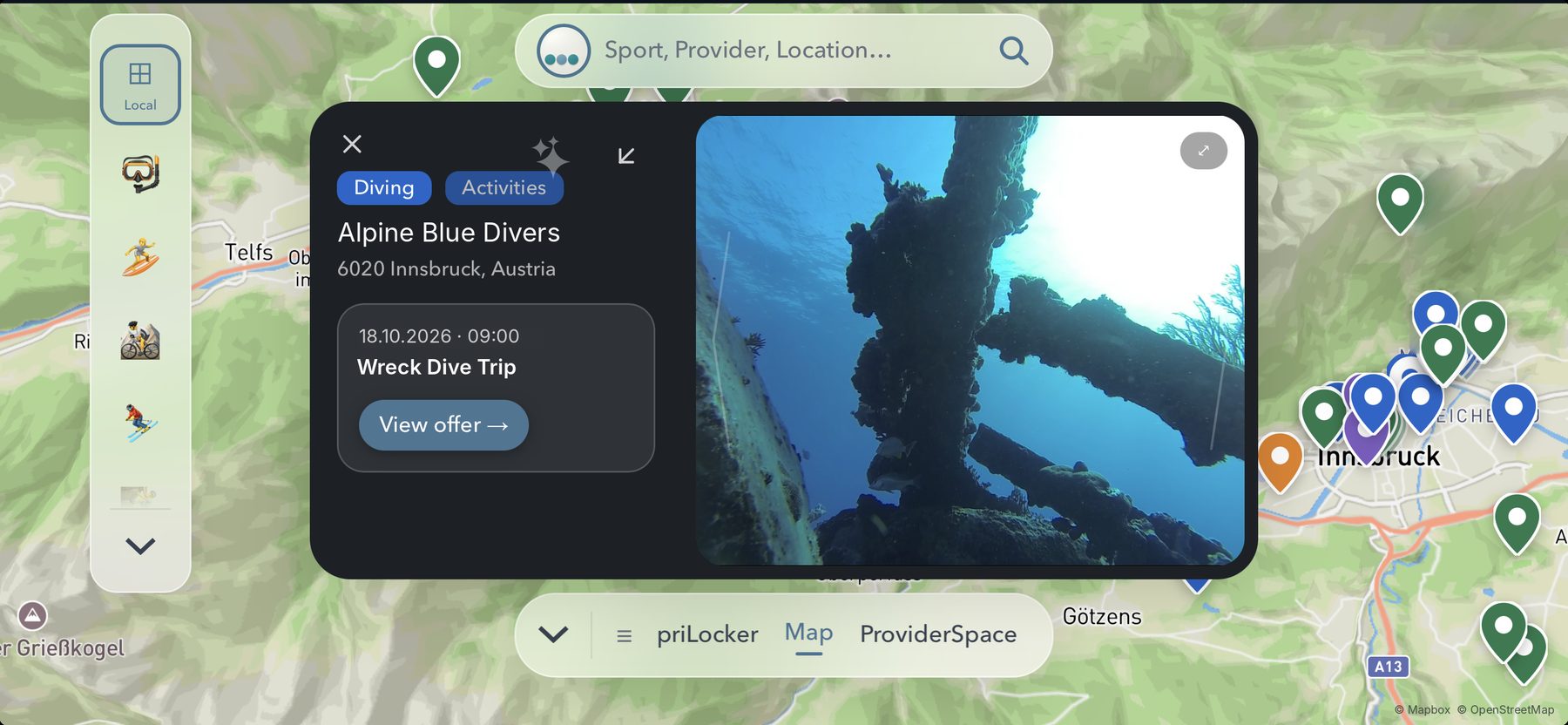 mOSB app: provider spotlight with dive video and next offer on the map near Innsbruck